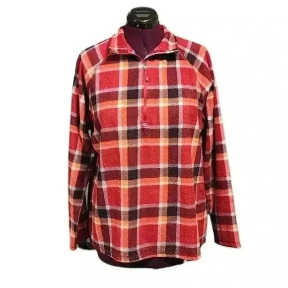 Eddie Bauer Fleece Sweater Women’s Sz XXL Pink Plaid Pullover 1/4 Zip Mock Neck - Picture 1 of 8